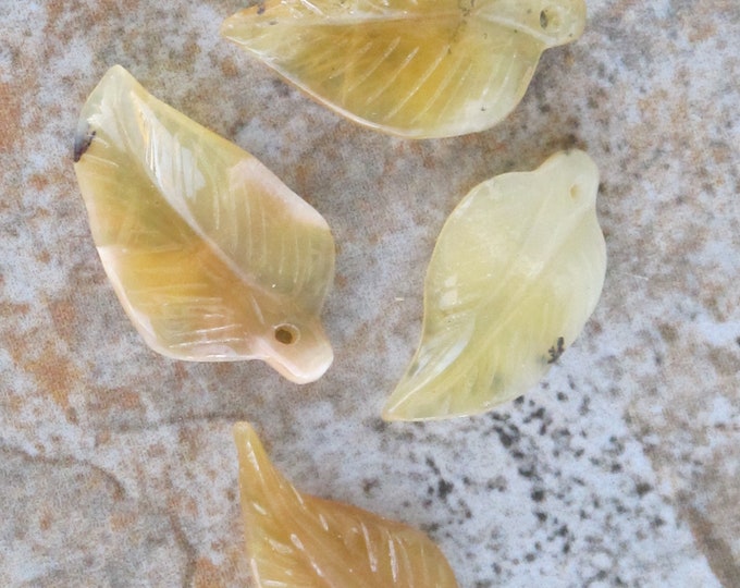 Lot of Two Natural Citrine Pendant Beads - Leaf Nature Floral - Natural Stone  - Yellow Quartz - Item 697