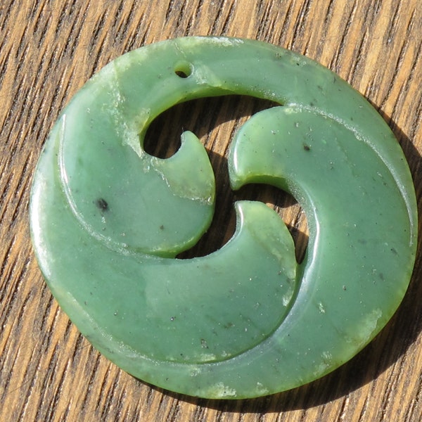 Nephrite Jade - Pendant - Maori Symbol - Ocean Waves - Green Natural Stone from Canada - Undyed - Item 338