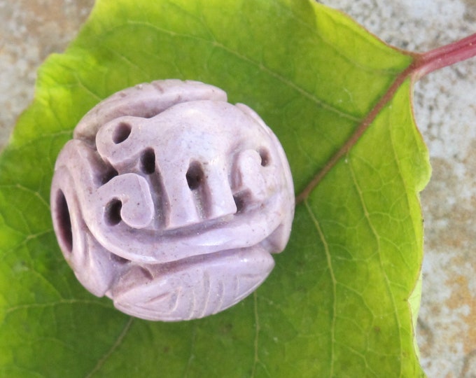 Extra Large Carved Round Purple Jade Bead - Natural Stone Focal Bead - Elephant and Chinese Long Life Symbol - Lavender Round - Item 820