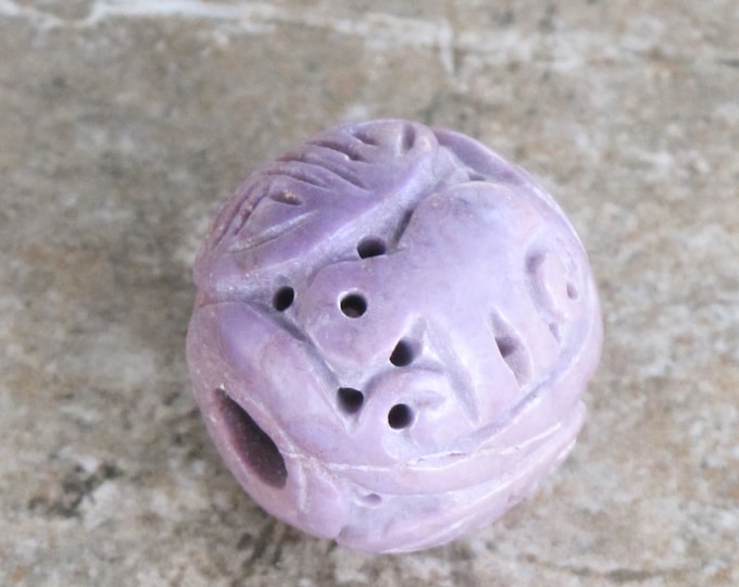 Extra Large Carved Round Purple Jade Bead - Natural Stone Focal Bead - Elephant and Long Life Symbol - Lavender Round - Item 820B