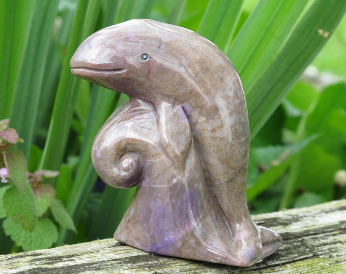 Turkish Purple Jade Stone Carving - Hand carved - Lavender Jadeite - Whale Dolphins Fish Ocean Sea - Item 007