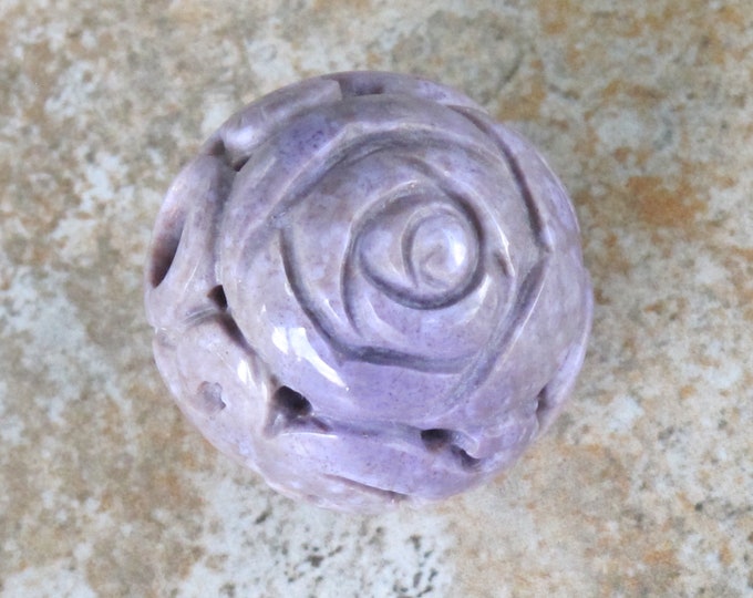 Jumbo Carved Round Turkish Purple Jade Bead - Natural Stone Carved Focal Bead - Rose Flower - Lavender Round - Item 894B