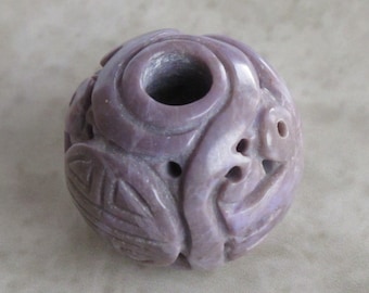 Extra Large Carved Round Purple Jade Bead - Natural Stone Focal Bead - Elephant and Long Life Symbol - Lavender Round - Item 817