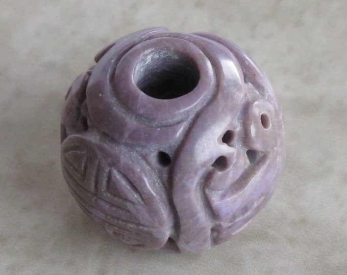 Extra Large Carved Round Purple Jade Bead - Natural Stone Focal Bead - Elephant and Long Life Symbol - Lavender Round - Item 817