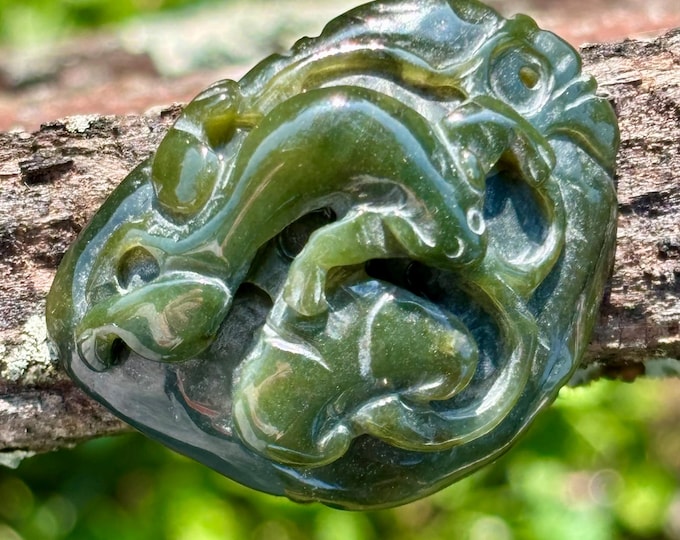 Green Nephrite Jade Pendant -Lizard Salamander - Hand Carved Natural Gemstone - Undyed - Item 504