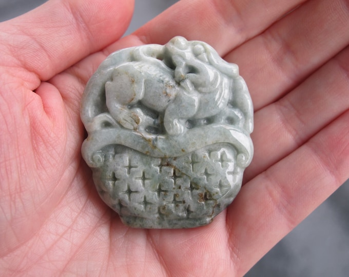 Burmese Jadeite - Pendant - Foo Dog - Burma Myanmar - Green Natural Carved Jade Stone - Undyed - Item 389