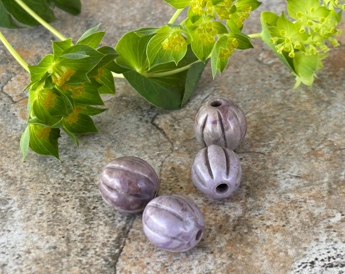 LOT OF 4 Carved Round Pumpkin Turkish Purple Jade Earring Beads - Natural Stone Earring Beads - gemstone beads - Item 906b