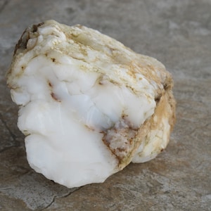 May include: A large, white, opaque, rough-textured rock with brown and tan markings. The rock has a smooth, white surface on one side.