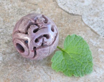 SALE Extra Large Carved Round Turkish Purple Jade Bead - Natural Stone Carved Focal Bead - Butterfly - Lavender Round - Item 900P