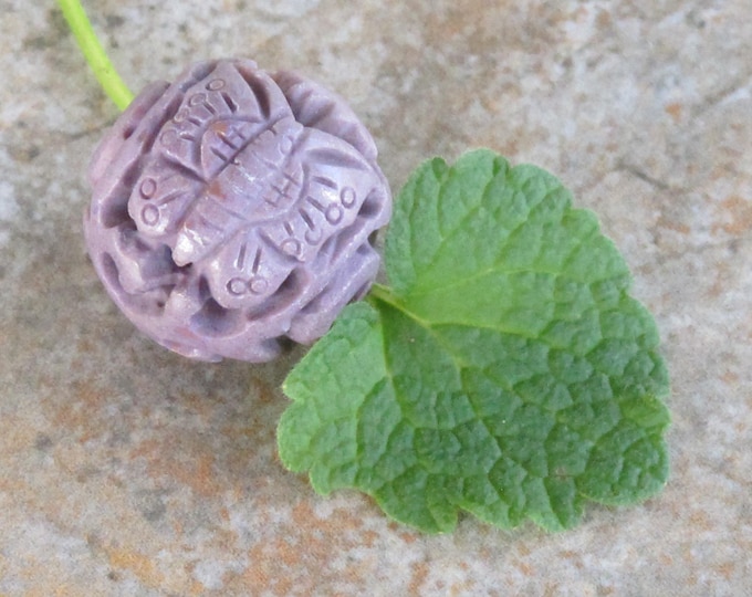 Large Carved Hollow Round Lavender Jade Bead - Natural Stone Focal Bead - Butterfly - Taupe Purple gemstone bead - Item 900B