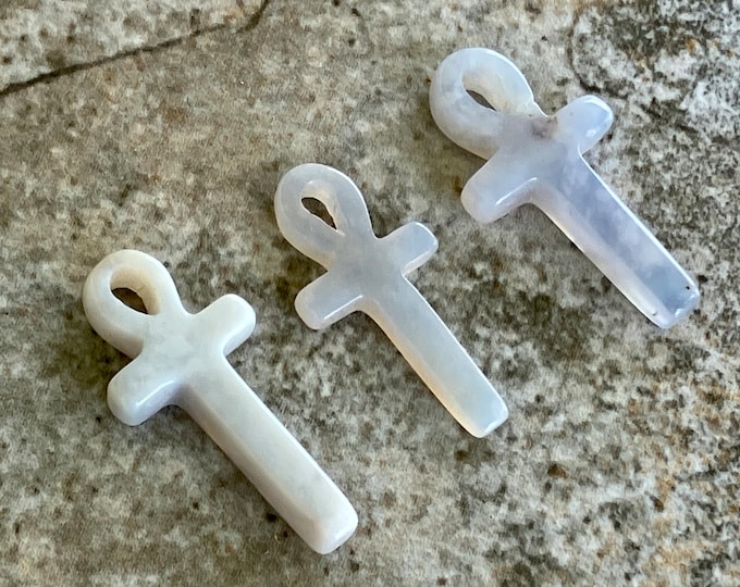 Lot of 3 Chalcedony Pendants -  Egyptian Symbol of Life - Ankh - Cross - Natural Turkish Stone  - Undyed - Item 505