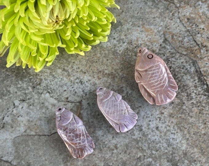 Lot of 3 Carved Fish Beads - Turkish Purple Jade Beads - Natural Stone  - Lavender Jadeite - Item 842
