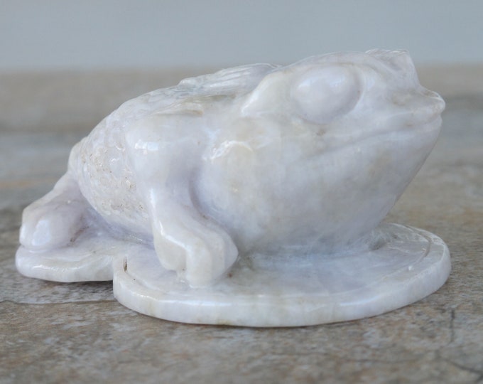 Carved Burmese Jadeite Jade Money Frog - Antique Carving - Natural Stone - Undyed Natural Jade - Lavender Glow - Item 011