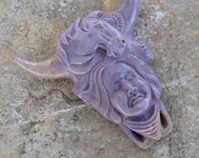 SALE Lavender Jade Carved Stone - Native American Man w/ Horse & Buffalo - Carving Natural Stone for Pendant or Spiritual Use - Item 720