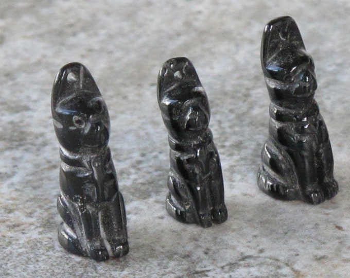 Black Nephrite Pendant Bead - Bast Egyptian Cat Goddess with Ankh - - Natural Black Gemstone  - Undyed Untreated - Item 744