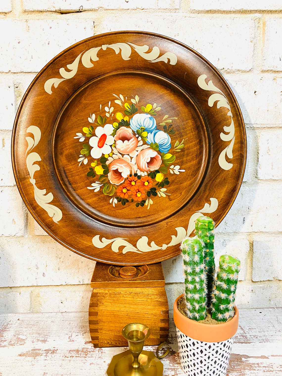 Vintage Wood Folk Art Plate Vintage Floral Hand Painted Folk Etsy