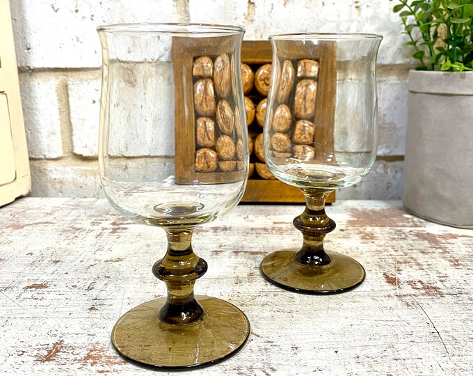 Vintage Wine Glasses Retro Wine Glasses Smoky Brown Stem Funky Wine Glasses Retro Bar Boho Wine
