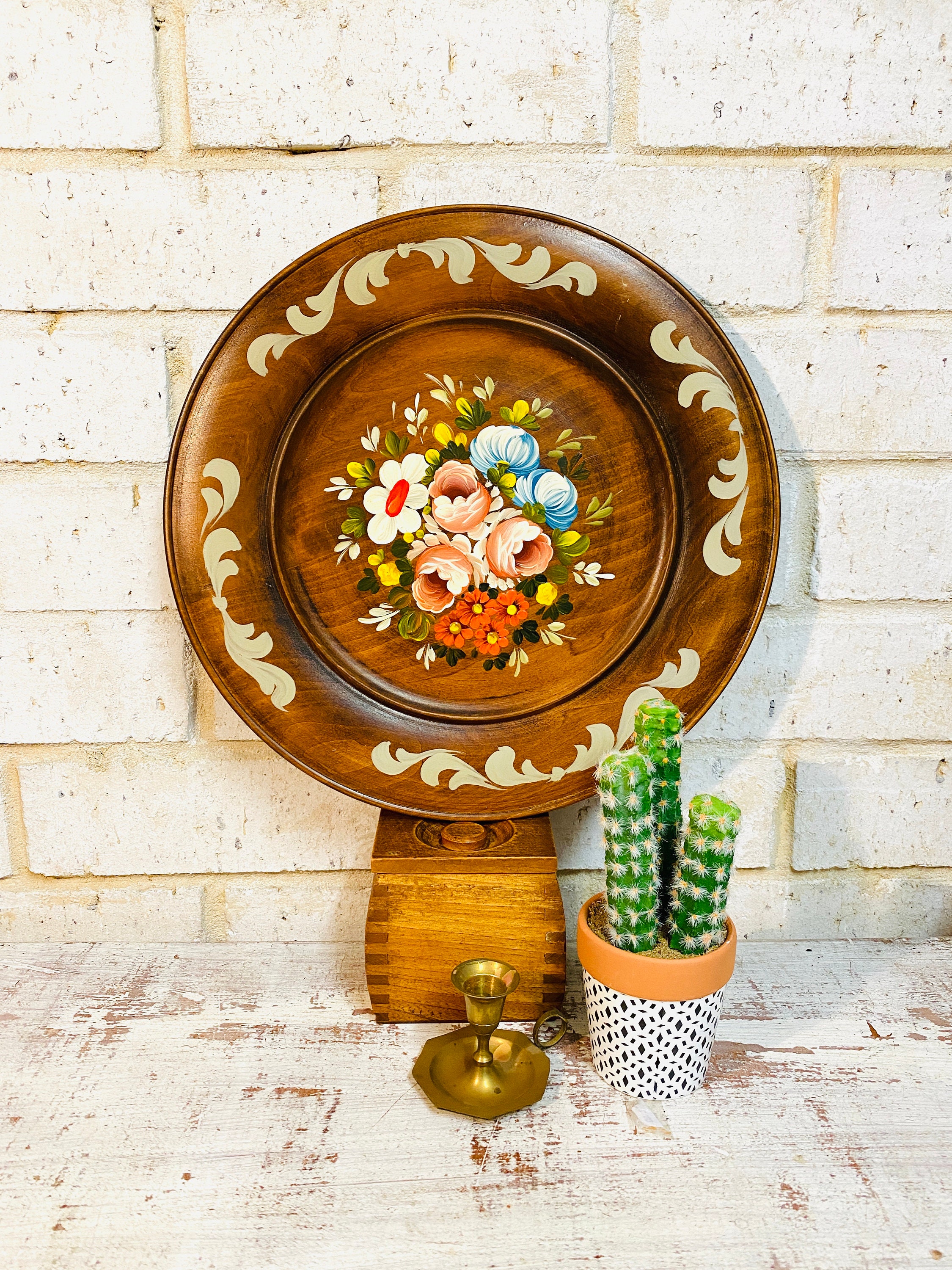 Vintage Wood Folk Art Plate Vintage Floral Hand Painted Folk Etsy