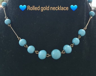 Art Deco Rolled Gold und blaue Glasperlenkette, hübsche Perlenkette