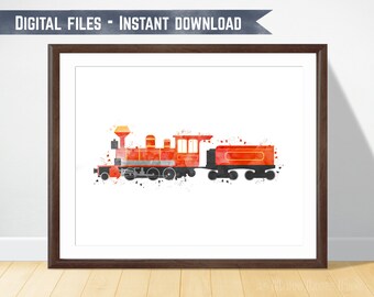 Vertical Train Nursery Watercolor Train Art Transportation Wall Art Green Steam Locomotive Print Toddler Boy Room Decor Printable Art