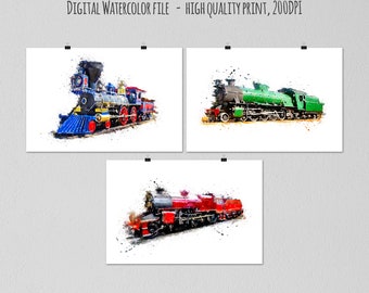 Timeless Charm: Printable Set of 3 Classic Steam Locomotives Wall Art - Digital Download