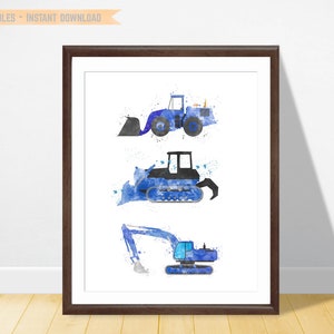 Construction Print, Navy Blue Nursery, Toddler Room Decor, Digger Print, Dozer Wall Art, Back Hoe Loader