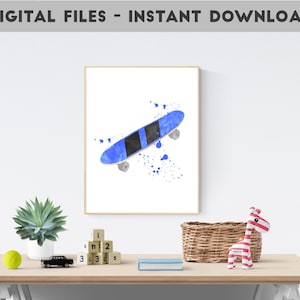 Skateboard print, nursery boy decor, skateboard wall art, nursery print, watercolor art, skateboard poster, skate gift, sport printable