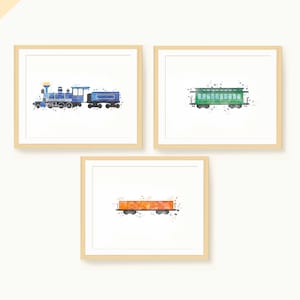 レトロな列車の壁アート トリオ | 蒸気機関車と車掌車とカート | 水彩画の印刷可能