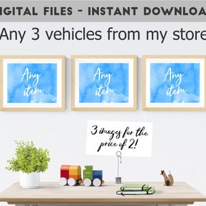 Transportation wall art set - any 3 vehicles from our shop - custom bundle - baby boy nursery decor -  watercolor prints - playroom decor