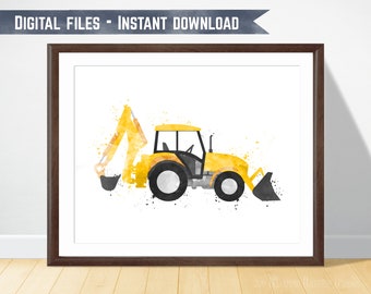 Excavator Printable, Watercolor Digger, Back Hoe Loader, Excavator Print, Excavator Wall Art, Toddler Bedroom Art, Construction Nursery