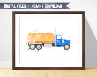 Truck wall art, tanker truck print, fuel truck boys room decor, toddler wall art, toddler truck decor, nursery truck decor, watercolor truck