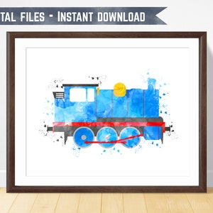 Whimsical Blue Steam Engine Illustration for Kids Room - Digital Wall Art