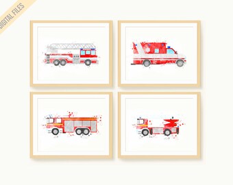 Firetruck Bundle, Firetruck Wall Art, Nursery Boy Wall Art, Watercolor Firetruck, Digital Download