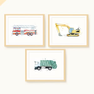 Colorful Set of 3 Watercolor Vehicles: Firetruck, Digger, Garbage Truck - Printable Wall Art for Kids - Instant Download