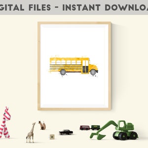 May include: A watercolor illustration of a yellow school bus with black windows and a black door. The bus is on a white background with a light brown frame.