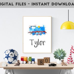 Personalized Steam Locomotive Door Sign - Custom Kids&#39; Name Poster - Watercolor Printable Instant Download