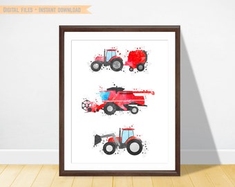 Impression de ferme, Art mural tracteur et moissonneuse-batteuse, Art mural chambre garçon rouge