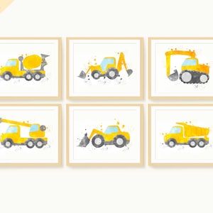 Construction Prints Set of 6 for Kids including Cement Mixer, Dump Truck, Loader, Excavator, Crane Truck