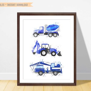Construction Print, Digger Wall Art, Cement Mixer Truck, Crane Truck, Navy Blue Boys Bedroom Decor