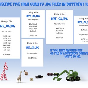 May include: Five high-quality JPG files in different ratios, with sizes ranging from 5x7 inches to 20x30 inches. The image shows a striped giraffe toy, a toy truck, and a toy excavator.