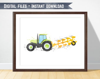 Plowing Tractor Art, Farm Tractor Print, Farm Theme Bedroom, Farm Vehicle Nursery, Tractor Wall Art, Tractor Nursery, Green Tractor
