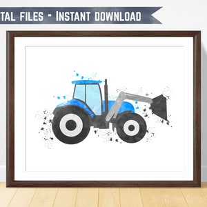 May include: A watercolor illustration of a blue tractor with a gray bucket. The tractor is on a white background with blue and gray watercolor splatters.
