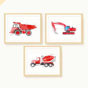 Construction Prints Set of 3, Excavator, Dump Truck, Cement Mixer Truck, Wall Art for boys room