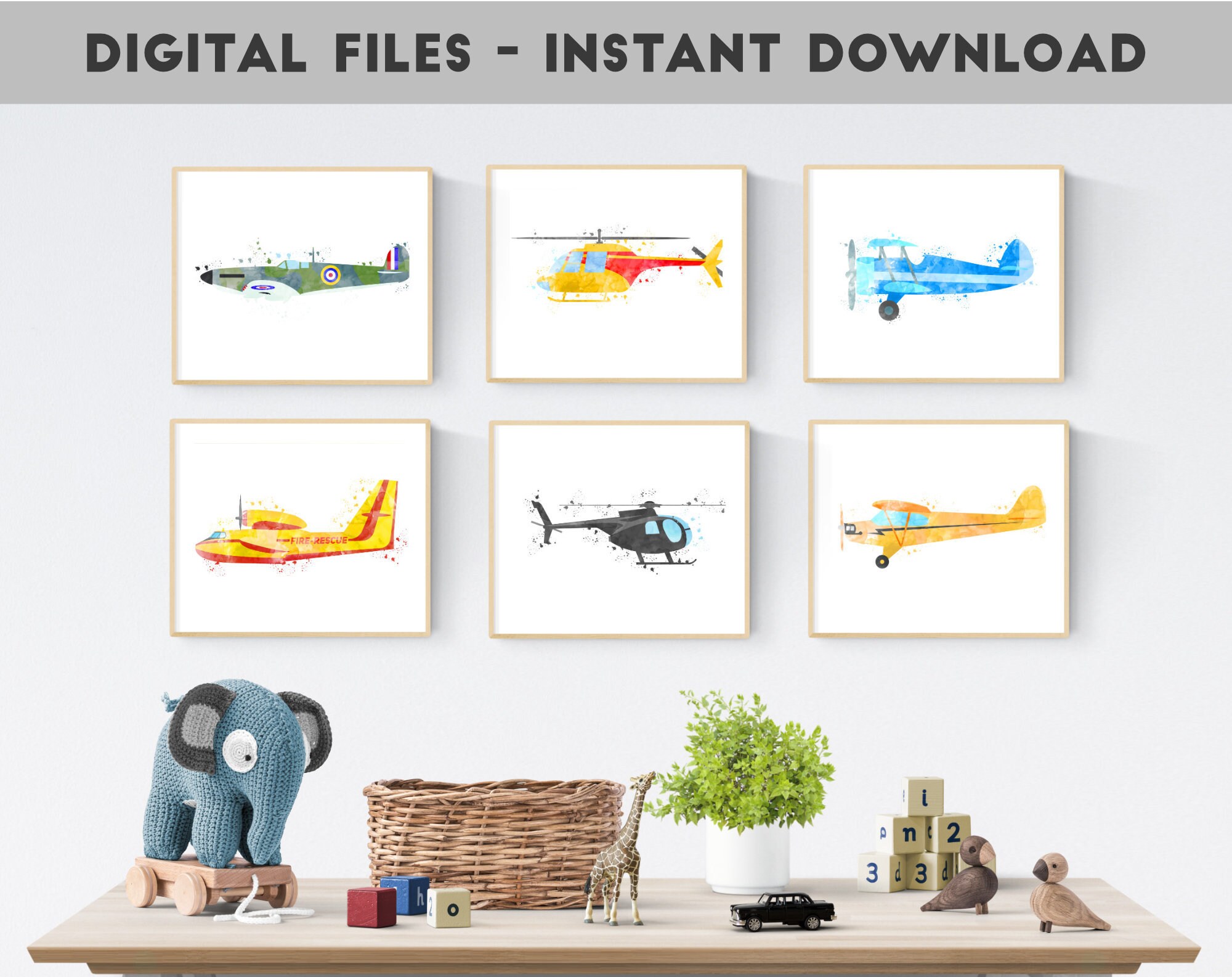 Airplane Print Set, Printable Airplanes, Set of 6 Prints, Nursery Plane Print, Toddler Boy Room, Big Boy Decor, Aviation Nursery Art