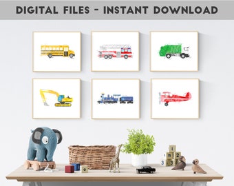 Transportation Kids Bundle, Transportation Nursery, Set of 6 Prints, Toddler Vehicle Room Decor, Play Room Printables, Boys Bedroom Decor