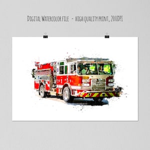 Vibrant Watercolor Fire Truck: Perfect Boy Bedroom Decor - Printable Wall Art Digital Download