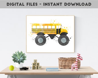 Monster truck print, monster truck wall art, big boy room decor, monster school bus, transportation party, toddler boy room, back to school