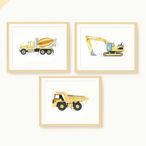 Yellow Construction Vehicles Art Set - Cement Mixer, Dump Truck, Digger- Instant Download!