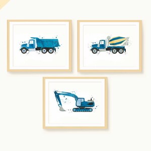Construction Prints Set of 3 - Dump Truck - Cement Mixer - Truck Excavator - Toddler Room Decor