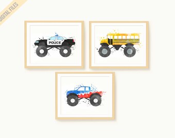 Monster Truck Prints Set, Boy Bedroom Wall Art, Cars Set of 3, Big Boy Room Decor, Watercolor Trucks, Transportation Room